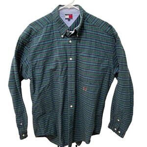 Vintage Tommy Hilfiger Shirt Mens L Button Down Green Plaid L/S Streetwear